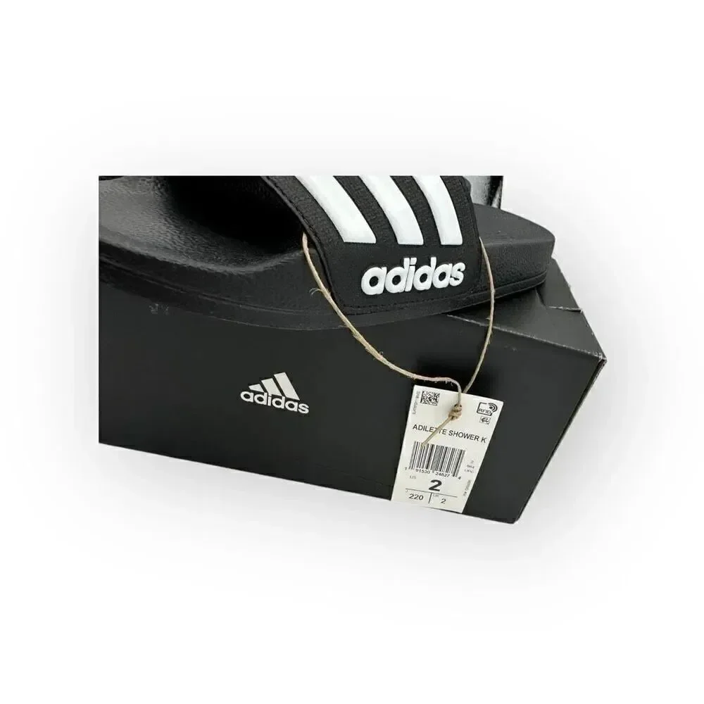 NWT Adidas Kids Adilette Shower K Comfort Slide Black White Size 2